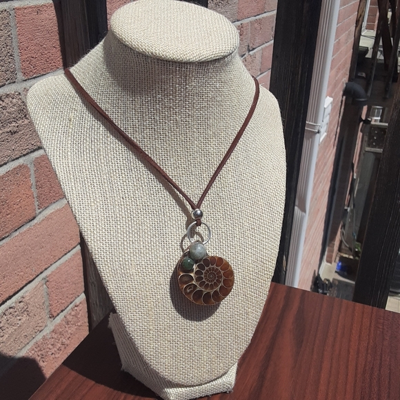 Handmade Ammonite/ Genuine Brown Leather Necklace- Ancient Earthy Vibes- - Picture 4 of 9